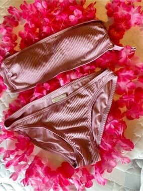 Michael Kors Mauve Ribbed Bandeau Bikini Set